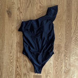 Motherhood maternity one shoulder black ruffle bathing suit size medium